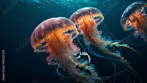 Jellyfish in the deep of ocean. Exotic colorful creature in underwater world. Generative AI. © mnjrstd