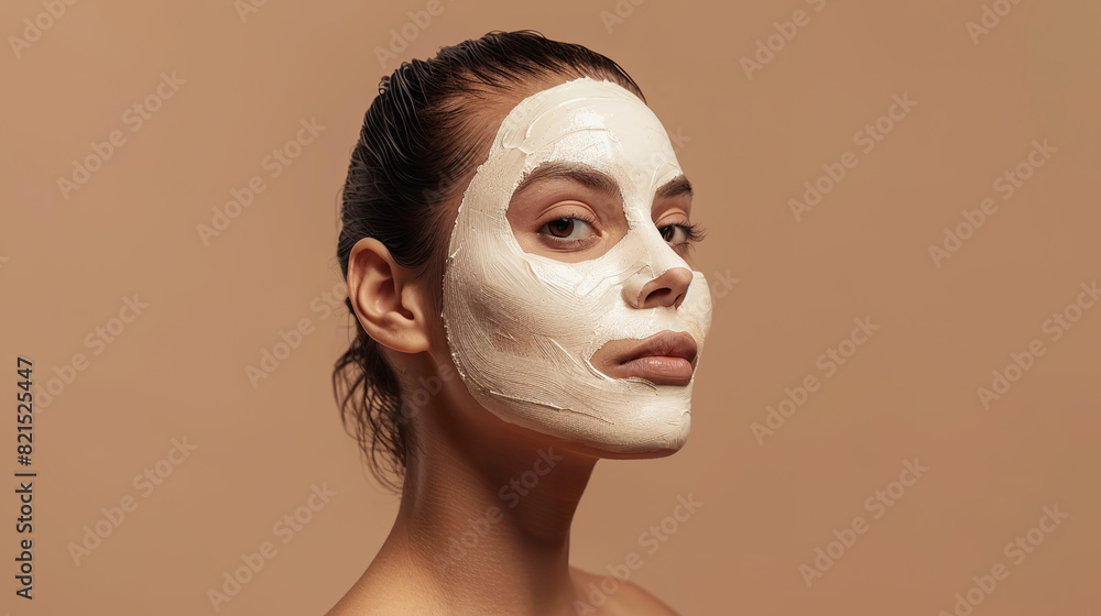 Elegant Woman with Smooth Clay Face Mask on Beige Background