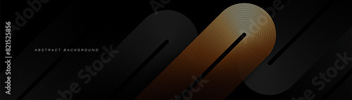Black abstract background with glowing golden geometric lines. Luxury dark diagonal rounded lines pattern. Elegant design. Suit for header, cover, presentation, website, banner, wallpaper