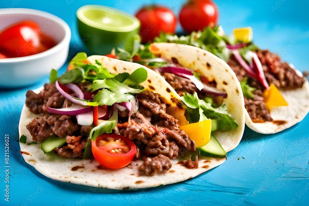 Mexican Tacos with Ground Beef and Vegetables on Rustic Blue Background Mexican Tacos with Ground Beef and Vegetables on Rustic Blue Background