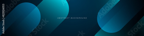 Dark blue abstract background with shiny geometric shape graphic. Modern blue gradient rounded rectangle design. Dynamic shapes. Horizontal banner template. Vector illustration