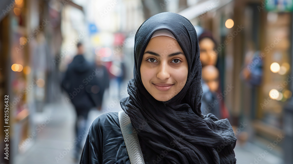 Portrait of Smiling Muslim Woman in Hijab on City Street Portrait of Smiling Muslim Woman in Hijab on City Street
