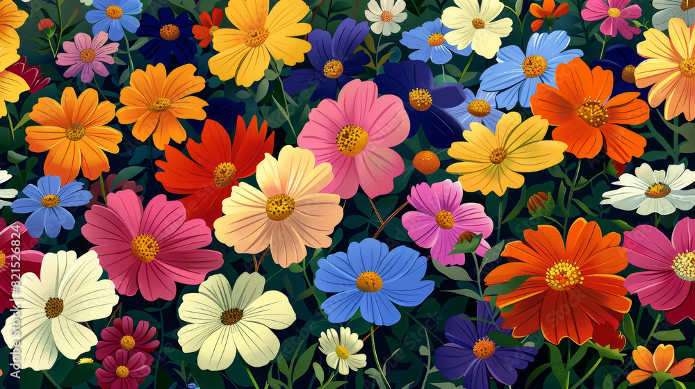 A vibrant garden showcasing a spectrum of brightly blooming flowers.