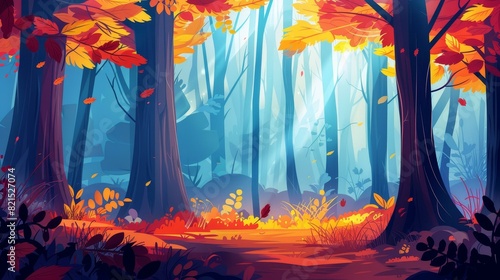 Vibrant autumn colors transform a serene forest into a stunning spectacle.