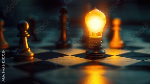 A chessboard with one illuminated bulb piece standing out from the others, symbolizing innovation and strategy in business planning. A realistic photographic style.