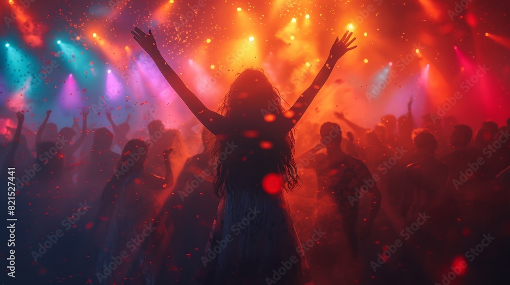A group of people dancing freely and expressing themselves at a Pride after-party, filled with colorful lights. A group of people dancing freely and expressing themselves at a Pride after-party, filled with colorful lights.