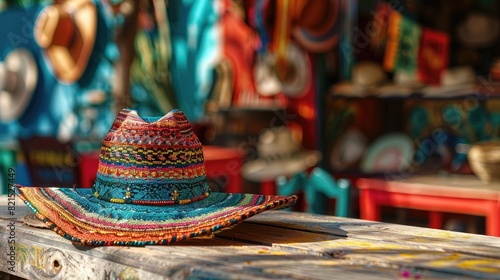 A colorful Mexican hat sits on a wooden table in a rustic western shop, with a blurred background of colorful decorations and artwork © Khalif