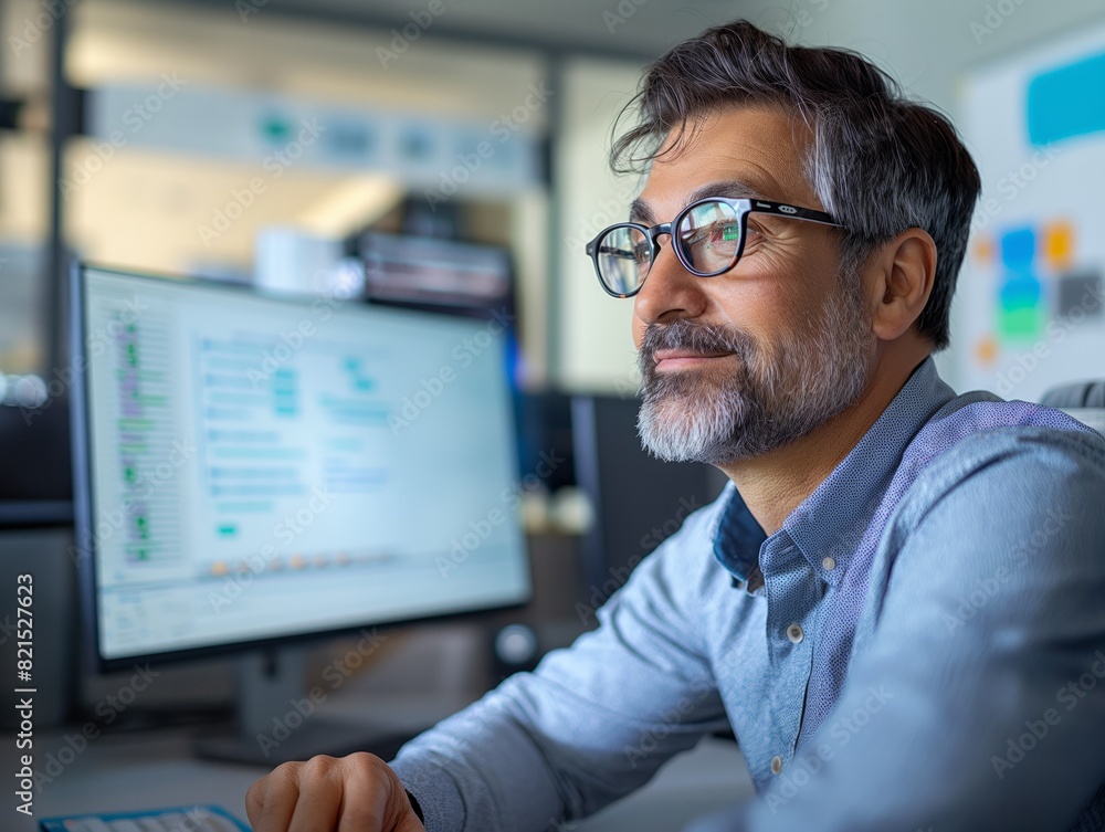 A man wearing glasses is sitting in front of a computer monitor. He is looking at the screen with a serious expression on his face. Concept of focus and concentration