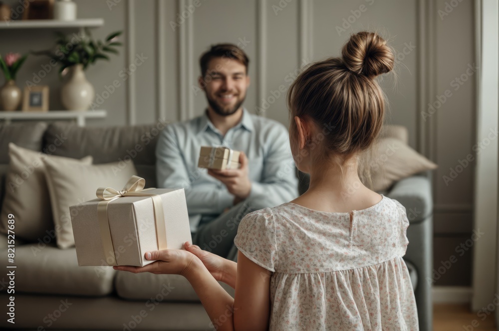 A little girl giving a gift box to a man. for the men's day or father's day or birthday. A little girl giving a gift box to a man. for the men's day or father's day or birthday.