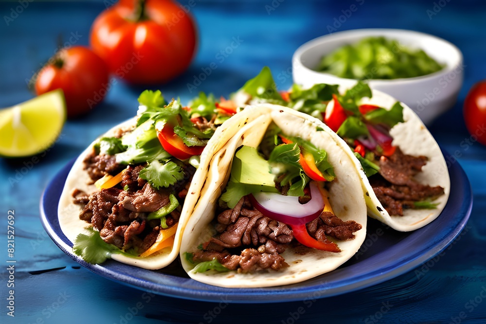 Mexican Tacos with Ground Beef and Vegetables on Rustic Blue Background Mexican Tacos with Ground Beef and Vegetables on Rustic Blue Background