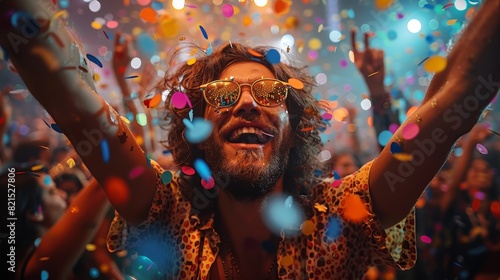 A brightly lit dance floor filled with people celebrating Pride, with rainbow lights and confetti in the air. photo