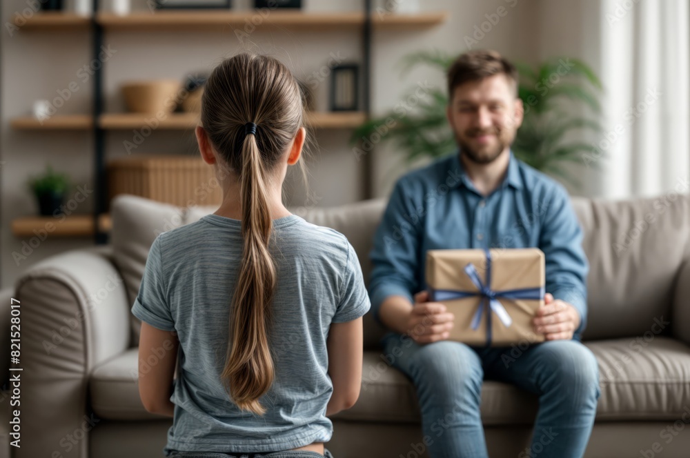 A little girl giving a gift box to a man. for the men's day or father's day or birthday. A little girl giving a gift box to a man. for the men's day or father's day or birthday.