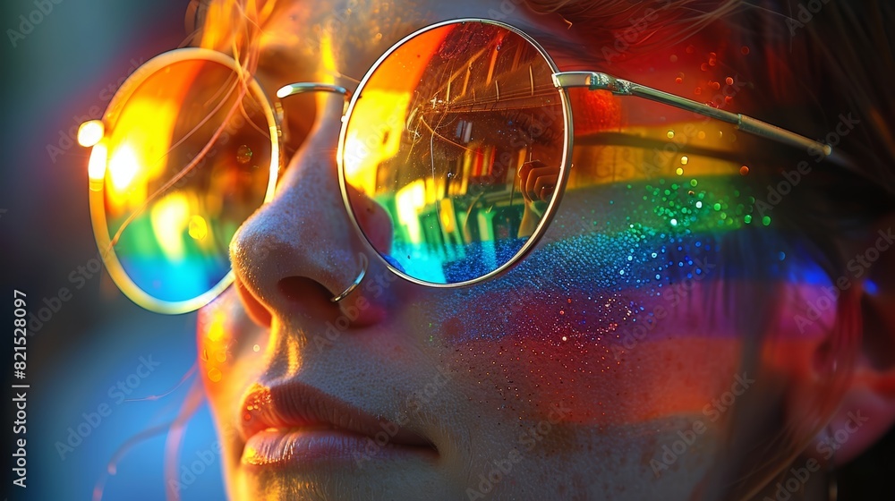 LGBTQA+ , LGBT : A photo of a rainbow flag reflected in a person's sunglasses, symbolizing a world where LGBTQ+ identities are accepted. LGBTQA+ , LGBT : A photo of a rainbow flag reflected in a person's sunglasses, symbolizing a world where LGBTQ+ identities are accepted.