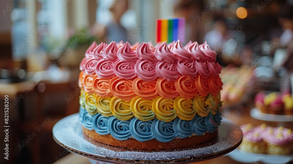 A photo of a rainbow flag displayed on a cake, celebrating a special occasion within the LGBTQ+ community. A photo of a rainbow flag displayed on a cake, celebrating a special occasion within the LGBTQ+ community.