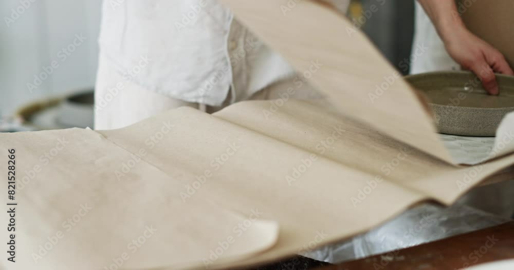 Ceramic Artist Wrapping Pottery in Protective Paper for Shipping Ceramic Artist Wrapping Pottery in Protective Paper for Shipping