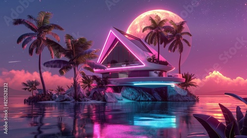 A futuristic house on an island in the middle of sea, neon colors, palm trees and tropical plants around it, geometric shapes, 3d render, colorful background, moonlight