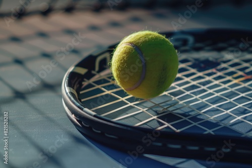 A tennis ball and a tennis racket in the middle of a tennis court.. Sports theme background