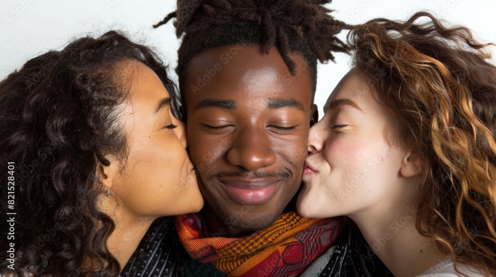 Obraz premium Affectionate Women Giving Kisses to Happy Man on Cheeks
