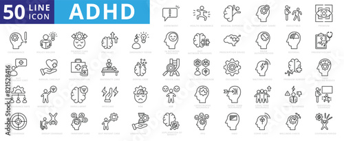 ADHD icon set with hyperactivity, impulsivity, executive function, in, focus, distractibility, and concentration.