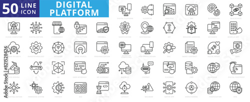 Digital Platform icon set with algorithm, analytics, api, automation, blockchain, cloud computing and cyber security.