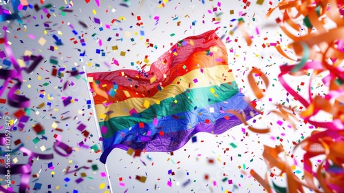 Celebratory Confetti Explosion with Vibrant Rainbow Pride Flag