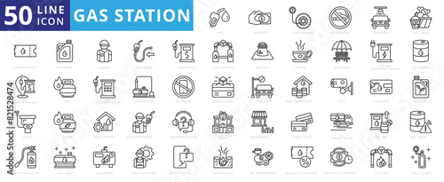 Gas station icon set with fuel, payment, tire pressure, no smoking, car wash, fast food, ticket, filling location and toilet.