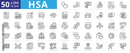 HSA icon set with contribution, deductible, premium, qualified medical expense, tax advantage, account holder and annual limit.