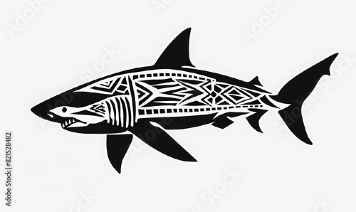Black silhouette shark with graphic pattern. Marine-themed tattoo design. Print for clothes. stylized shape silhouette shark logo. Marine animals, the underwater world. World ocean day.