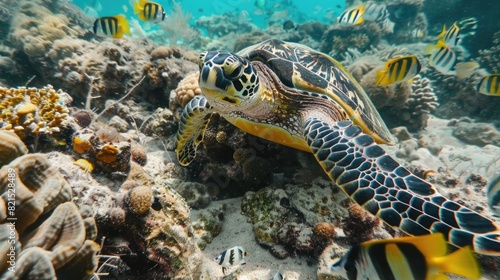 Majestic Sea Turtle Swimming Amidst Tropical Fish in a Vibrant Coral Reef