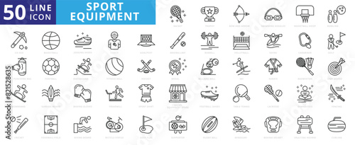 Sport equipment icon set with racket, trophy, bow and arrow, swimming goggles, basketball hoop, ice axe and punching bag.