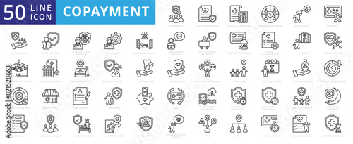 Copayment icon set with health insurance, medical expenses, patient cost share, deductible, premium and coinsurance. photo