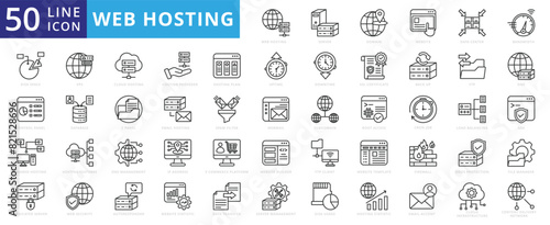 Web hosting icon set with server, domain, website, data center, bandwidth, disk space, control panel, dedicated and shared.