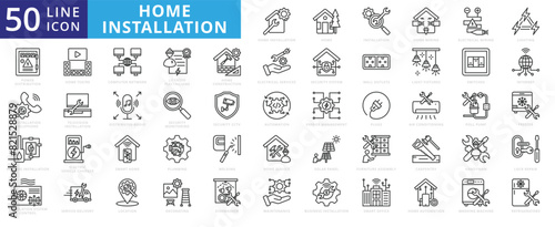 Home Installation icon set with installation, wiring, electrical, lighting, power distribution, telephone and heating.