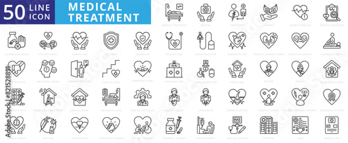 Medical treatment icon set with therapy, heart problem, medical diagnosis, contraindication, not effective and adverse effect.
