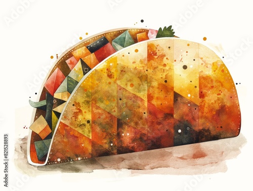 A colorful taco with a green leaf on top. The taco is made up of different shapes and colors, giving it a unique and artistic appearance