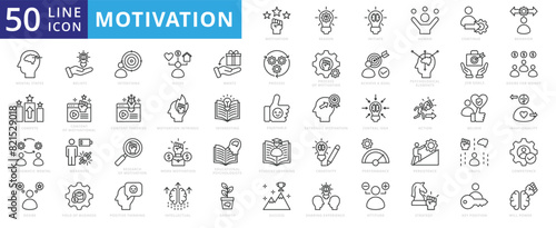Motivation icon set with reason, initiate, human, continue, behavior, states, compete, paradigmatic mental and desire.