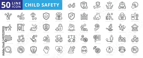 Child Safety icon set with protection, guarding, violence, abuse, neglect, quality education, life insurance and play time.