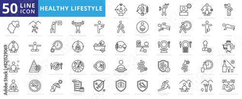 Healthy Lifestyle icon set with nutrition, exercise, sleep, stress management, hydration, mental, mindfulness and yoga.