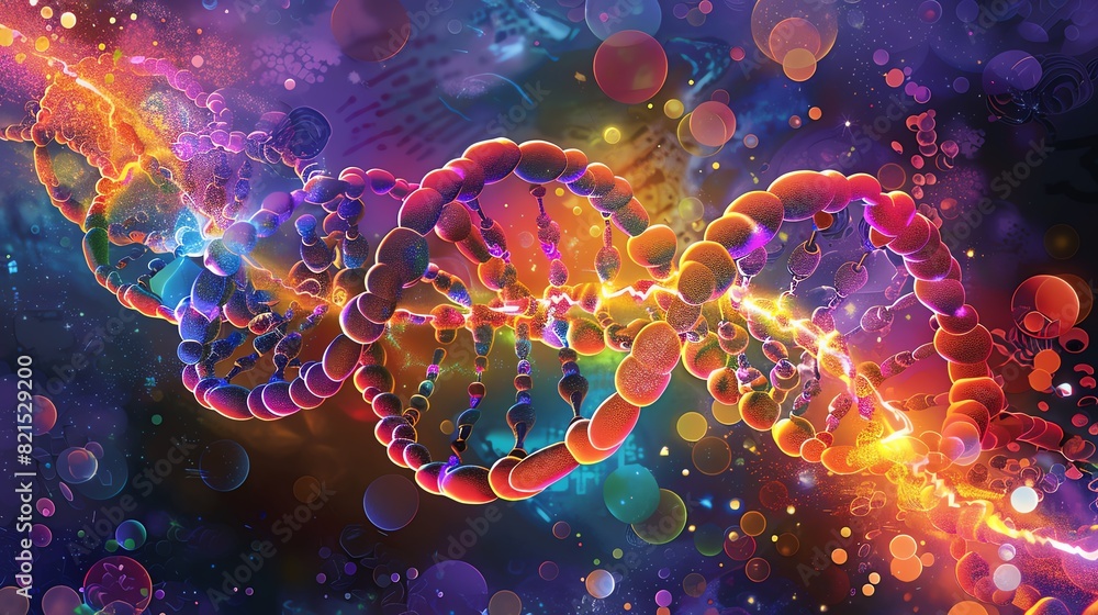 Vibrant and colorful abstract representation of DNA double helix with vivid light effects, showcasing the beauty of genetics and molecular biology. Vibrant and colorful abstract representation of DNA double helix with vivid light effects, showcasing the beauty of genetics and molecular biology.