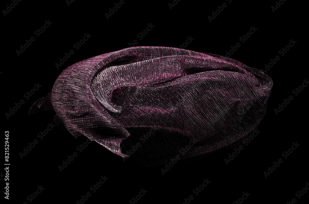 Fototapeta premium Purple Silver lace fabric flying in curve shape, Piece of textile purple silver lace fabric throw fall in air. Black background isolated, dark shading environment