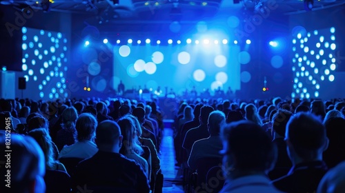 A large audience at an event, sitting in front of the stage with blue LED screens and light decorations, was viewed from behind, capturing people's attention during a conference or business meeting