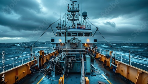 A photo of the deck from behind of an advanced fishing trawler at sea during stormy weather photo
