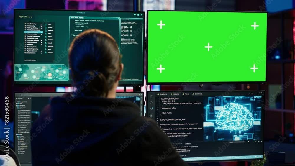Hacker uses green screen PC and AI deep learning to develop zero day exploit undetectable by antivirus. Scammer uses artificial intelligence and mockup computer to build data mining script, camera A Hacker uses green screen PC and AI deep learning to develop zero day exploit undetectable by antivirus. Scammer uses artificial intelligence and mockup computer to build data mining script, camera A