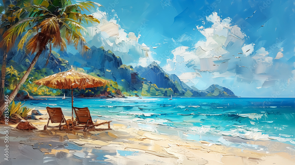 Fototapeta premium palette knife oil painting, beach chairs on white sand beach, tropical island at sunset or sunrise, palm trees, travel and landscape. Wall Art Design for Home Decor, 4K Wallpaper and Background