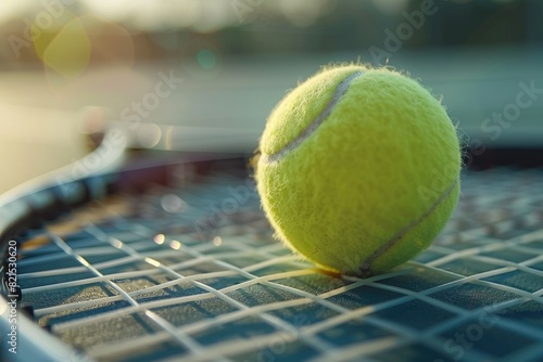 A tennis ball and a tennis racket in the middle of a tennis court.. Sports theme background