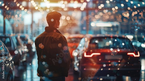 A man standing in a car showroom, looking at cars with a bokeh background in the real photo.