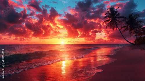 tropical island beach at sunset or sunrise  dusk or dawn  travel and landscape. Wall Art Design for Home Decor  4K Wallpaper and Background for Computer  Smartphone  Cellphone  Mobile Cell Phone