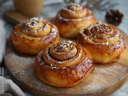 Four cinnamon rolls with powdered sugar on top. The rolls are sitting on a wooden cutting board. The rolls are golden brown and look delicious photo