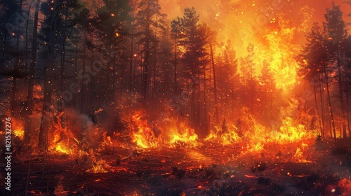 concept of strong forest fires. the fire element destroys the trees of the forest