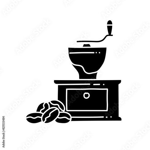 Coffee bean and grinder black hand drawn icon